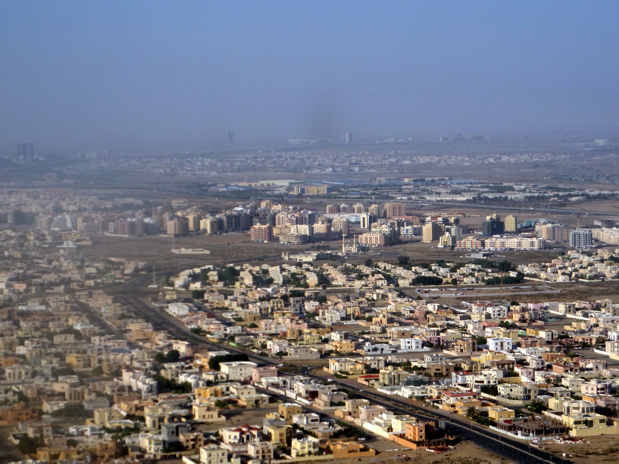 View from plane window arriving into Dubai airport