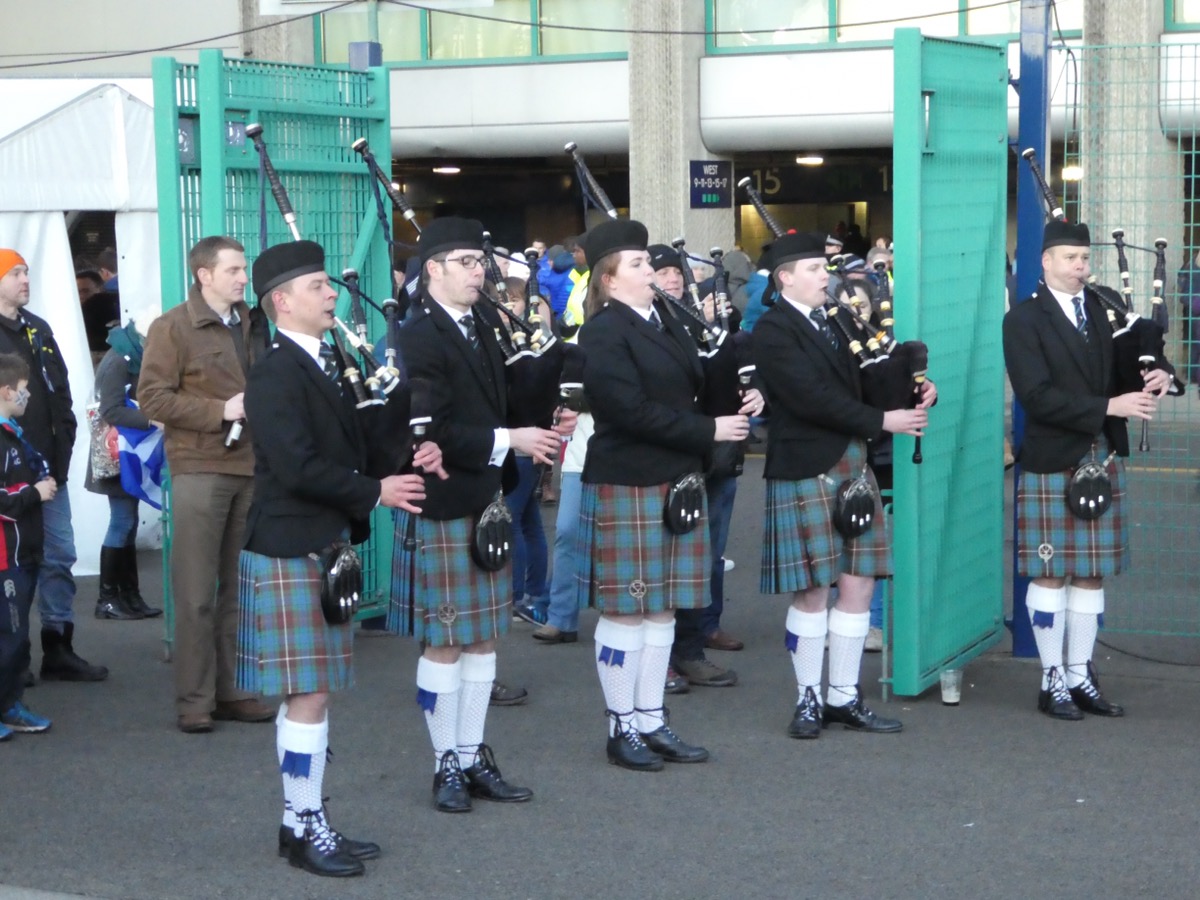 Scottish pipers outside Murrayfield International Rugby Stadium, Edinburgh