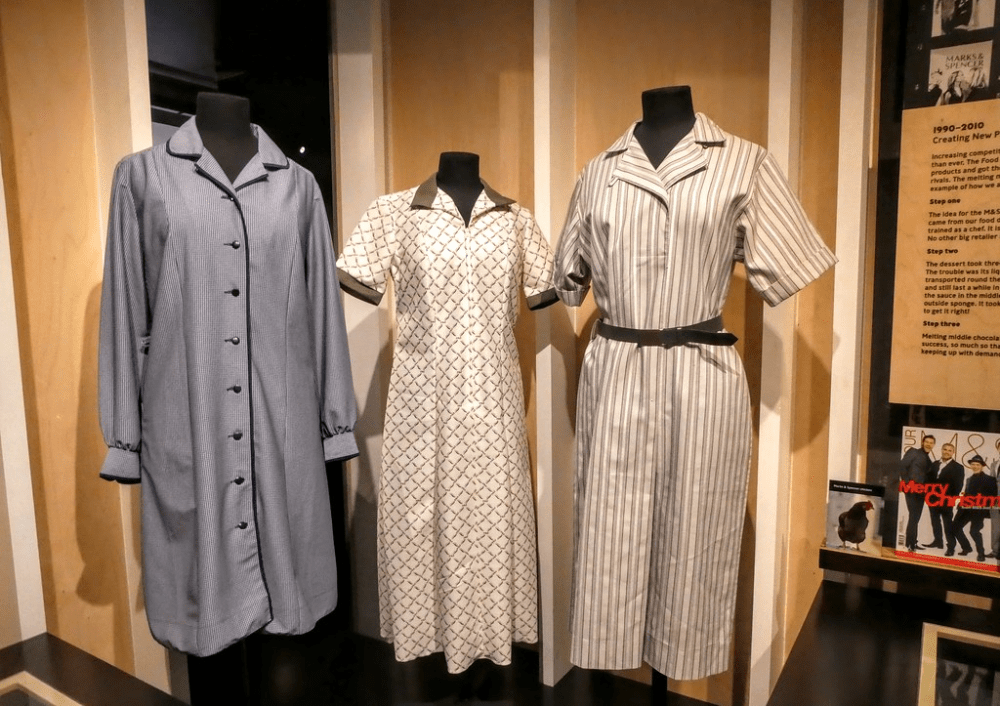 Vintage staff uniforms on display at the Marks and Spencer Archive, Leeds